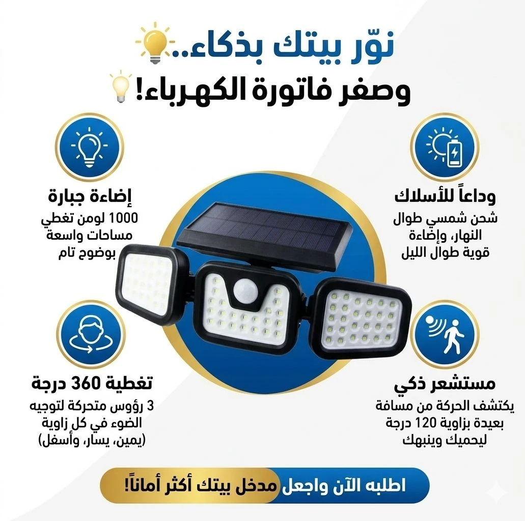مصباح جداري شمسي LED بثلاثة رؤوس ومستشعر حركة ولوح شمسي منفصل