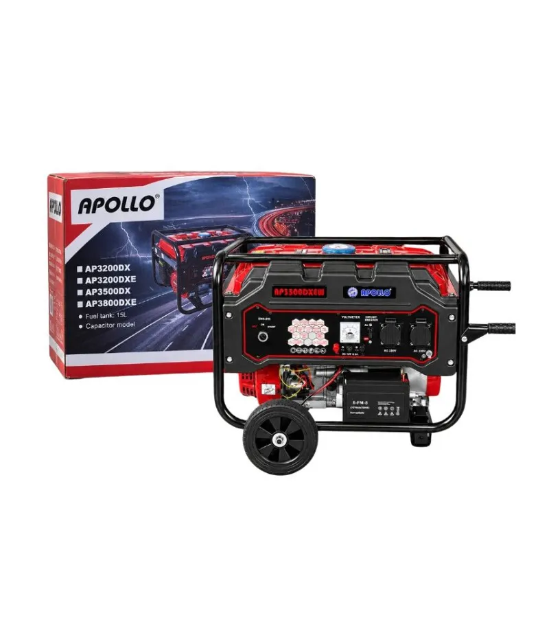 مولد كهرباء بنزين Apollo AP3500DXEW قدرة 3.8 KVA - تشغيل سلف وكهربائي مع عجلات - APOLLO